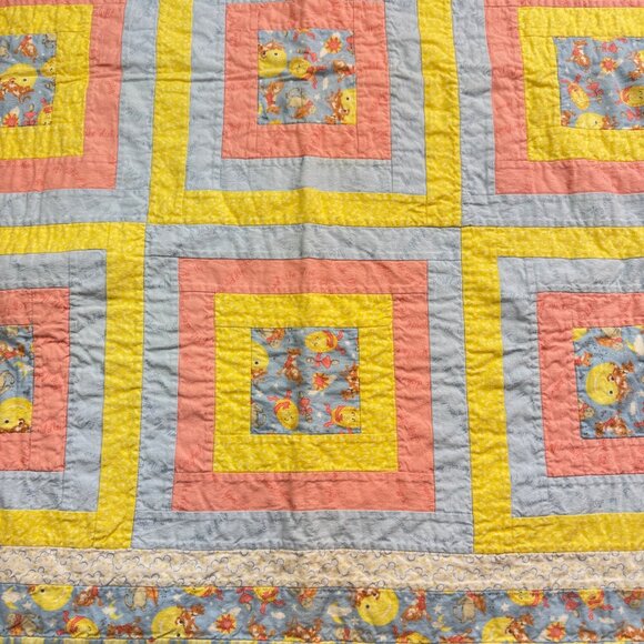 Vintage Handmade Baby Blanket Patchwork Quilt Nursery Rhymes Safety Pin Fabric - Picture 5 of 9